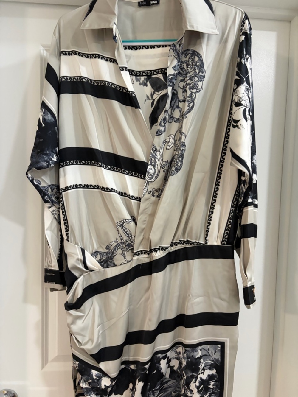 Fashion Nova Cream and Black Printed Wrap Dress